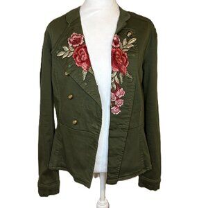 One5One Olive Green Military-Style Jacket Floral Embroidery Gold Buttons Large